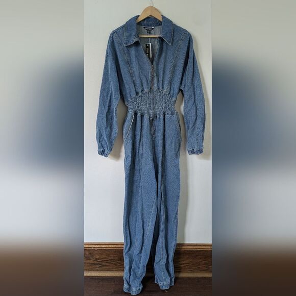 Steve Madden Women's Coya Smock-Waist Denim Long Sleeve Jumpsuit L Large - Picture 2 of 8
